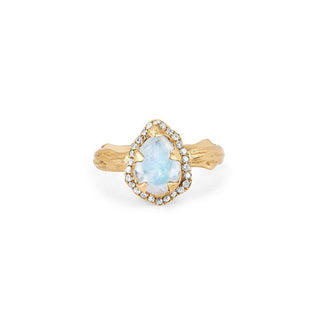 Micro Queen Water Drop Moonstone Rose Thorn Ring with Pavé Diamond Halo 2.5 Yellow Gold  by Logan Hollowell Jewelry