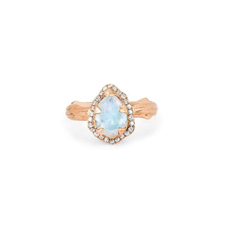 Micro Queen Water Drop Moonstone Rose Thorn Ring with Pavé Diamond Halo 2.5 Rose Gold  by Logan Hollowell Jewelry