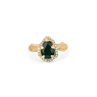 Micro Queen Water Drop Emerald Rose Thorn Ring with Pavé Diamond Halo Yellow Gold 4  by Logan Hollowell Jewelry