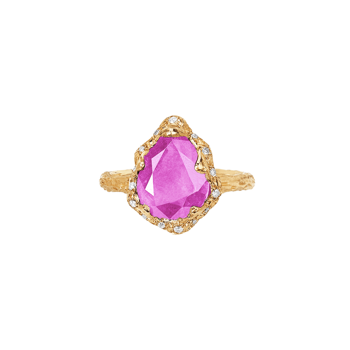 Baby Queen Water Drop Pink Sapphire Ring with Sprinkled Diamonds Yellow Gold 3 by Logan Hollowell Jewelry