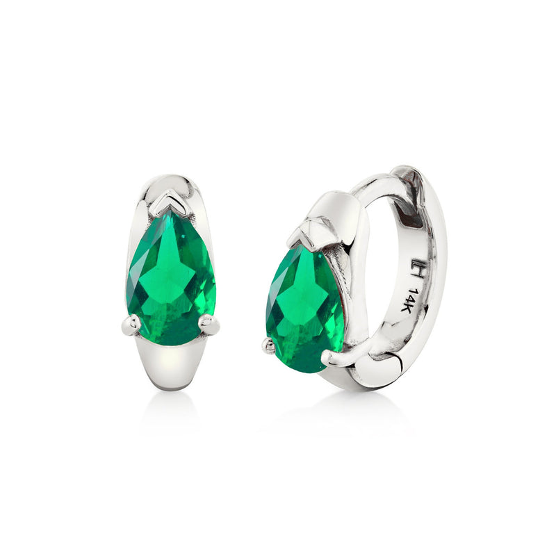Water Drop Emerald Pear Huggies White Gold Pair by Logan Hollowell Jewelry