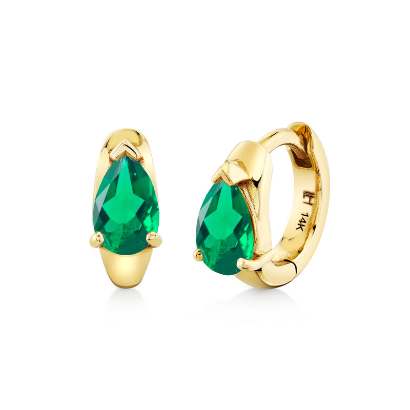 Water Drop Emerald Pear Huggies Yellow Gold Pair by Logan Hollowell Jewelry