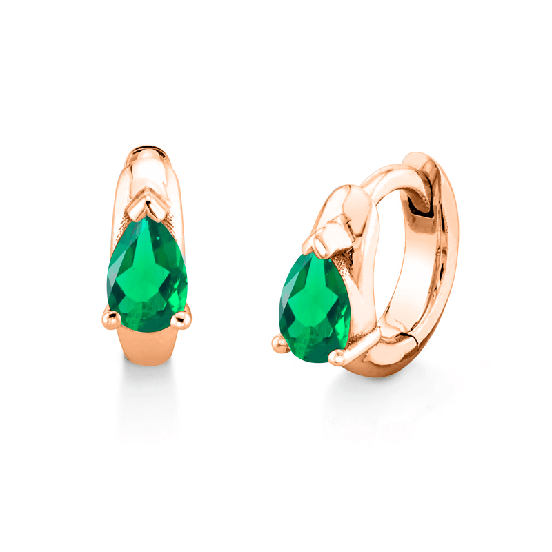 Petite Water Drop Emerald Pear Huggies Rose Gold Pair by Logan Hollowell Jewelry