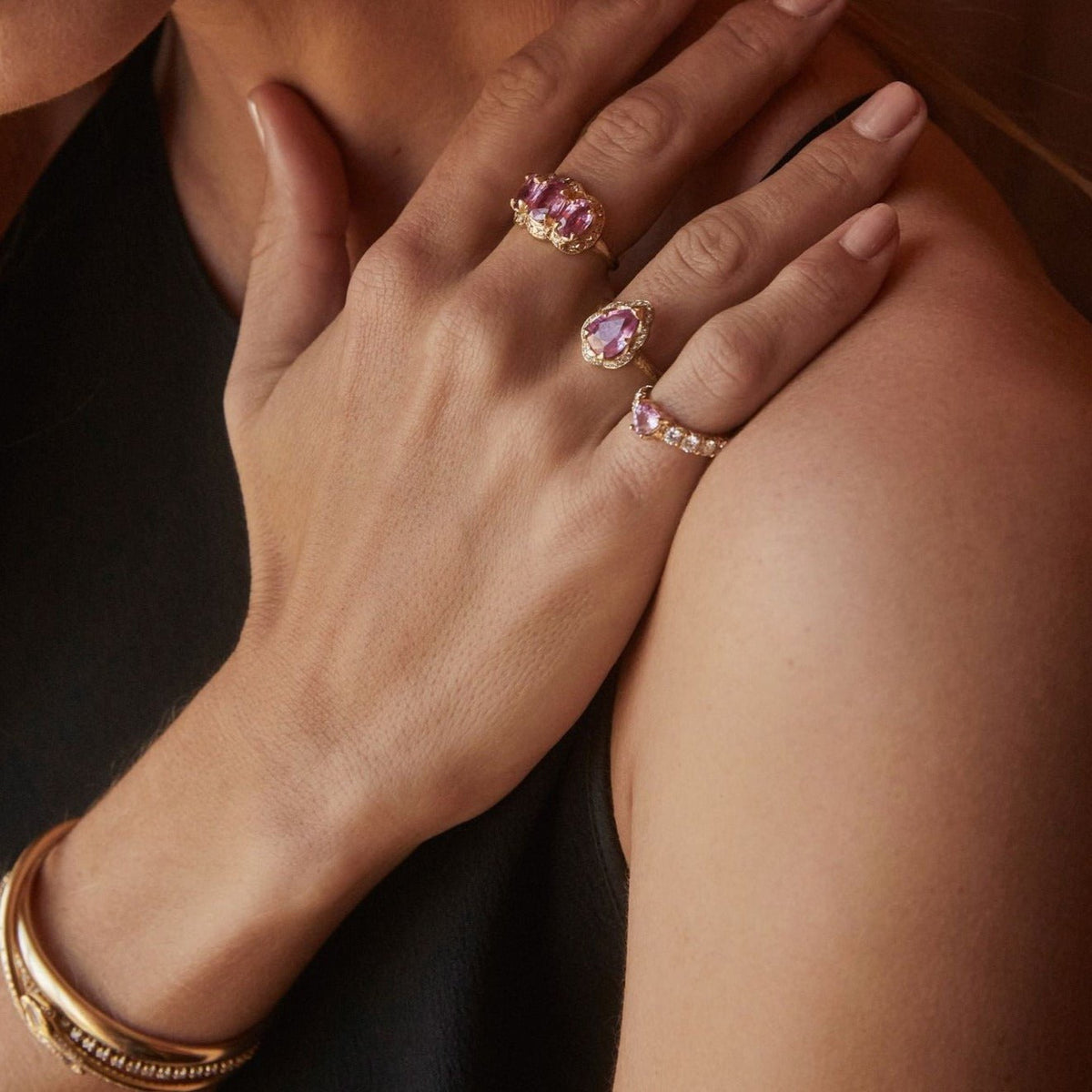 Baby Queen Water Drop Pink Sapphire Ring with Full Pavé Halo by Logan Hollowell Jewelry
