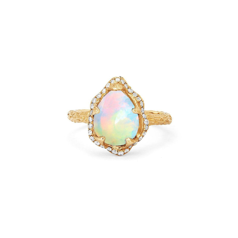 Baby Queen Water Drop White Opal Ring with Full Pavé Diamond Halo Yellow Gold 3 by Logan Hollowell Jewelry