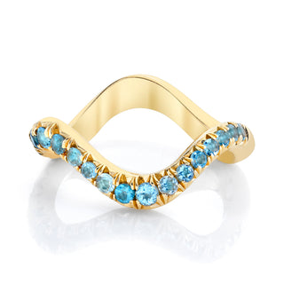 French Pave Graduated Aquamarine Wave Ring | Ready to Ship 6 Yellow Gold  by Logan Hollowell Jewelry