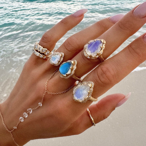 Baby Queen Water Drop Moonstone Ring with Full Pavé Diamond Halo by Logan Hollowell Jewelry