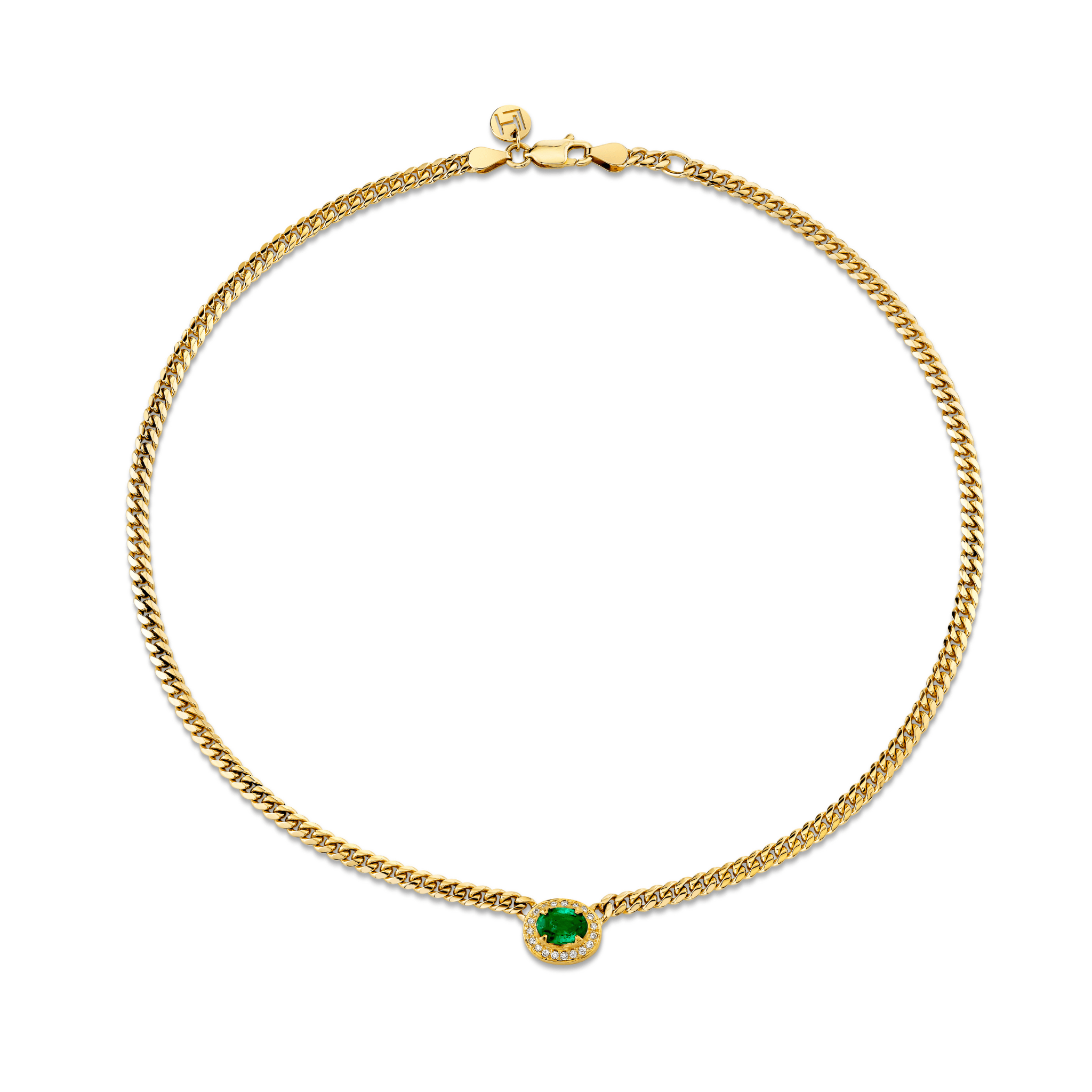 Micro Queen Oval Emerald Full Pave Halo on Cuban Chain Yellow Gold 15"-16" by Logan Hollowell Jewelry
