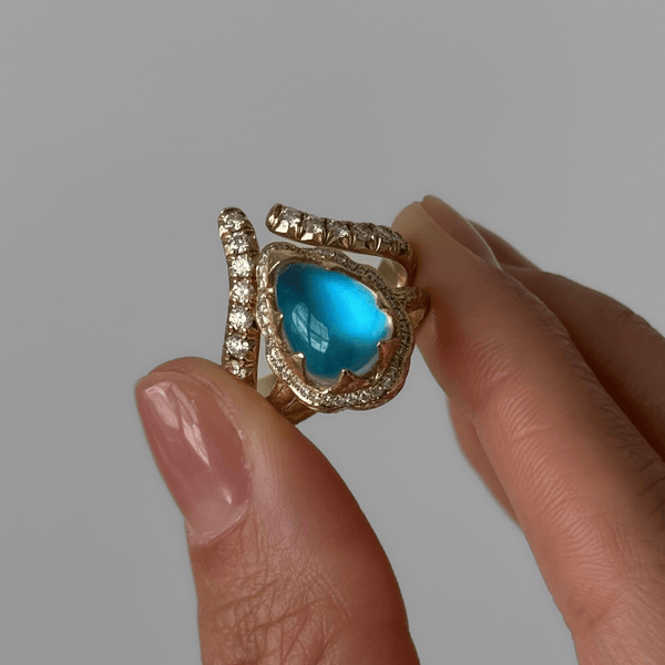 Queen Water Drop Blue Sheen Moonstone Ring with Full Pavé Halo by Logan Hollowell Jewelry