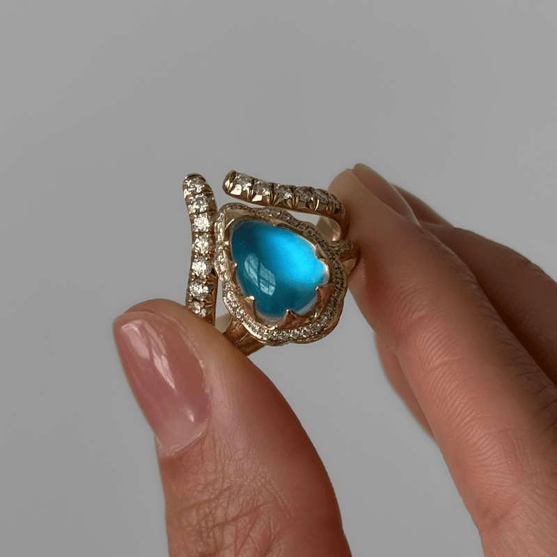 Queen Water Drop Blue Sheen Moonstone Ring with Full Pavé Halo by Logan Hollowell Jewelry