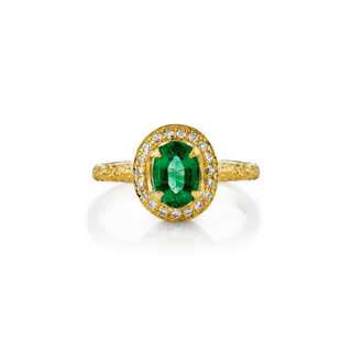 18K Micro Queen Oval Emerald with Full Pavé Halo | Ready to Ship Yellow Gold 6  by Logan Hollowell Jewelry