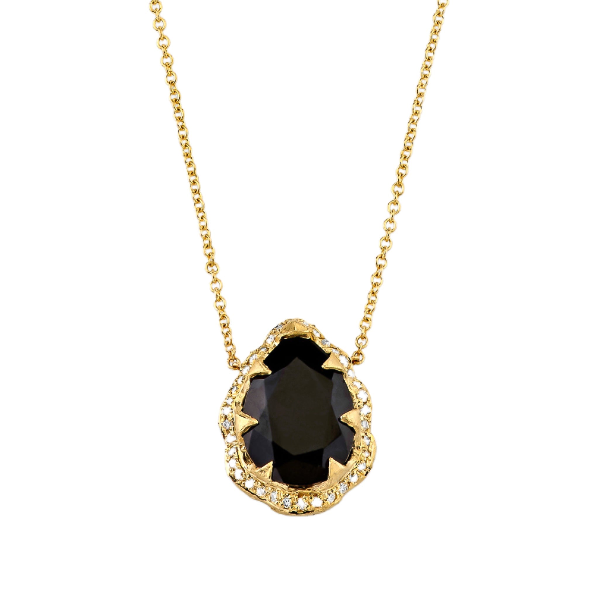 Queen Water Drop Onyx Necklace with Full Pave Halo Yellow Gold by Logan Hollowell Jewelry