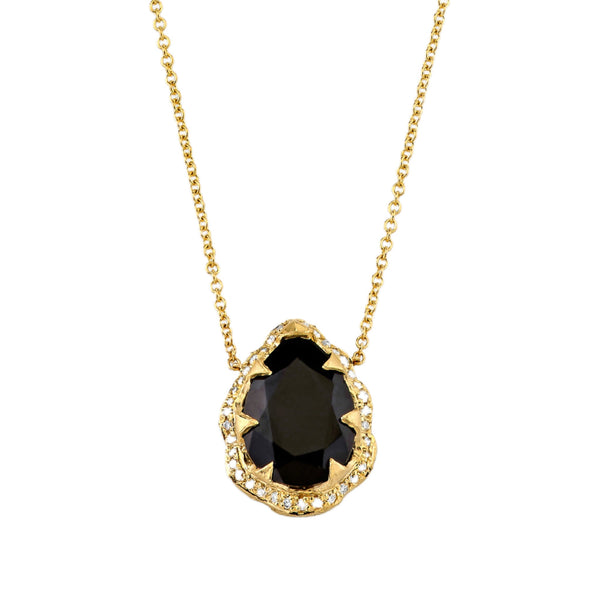 Queen Water Drop Onyx Necklace with Full Pave Halo Yellow Gold by Logan Hollowell Jewelry