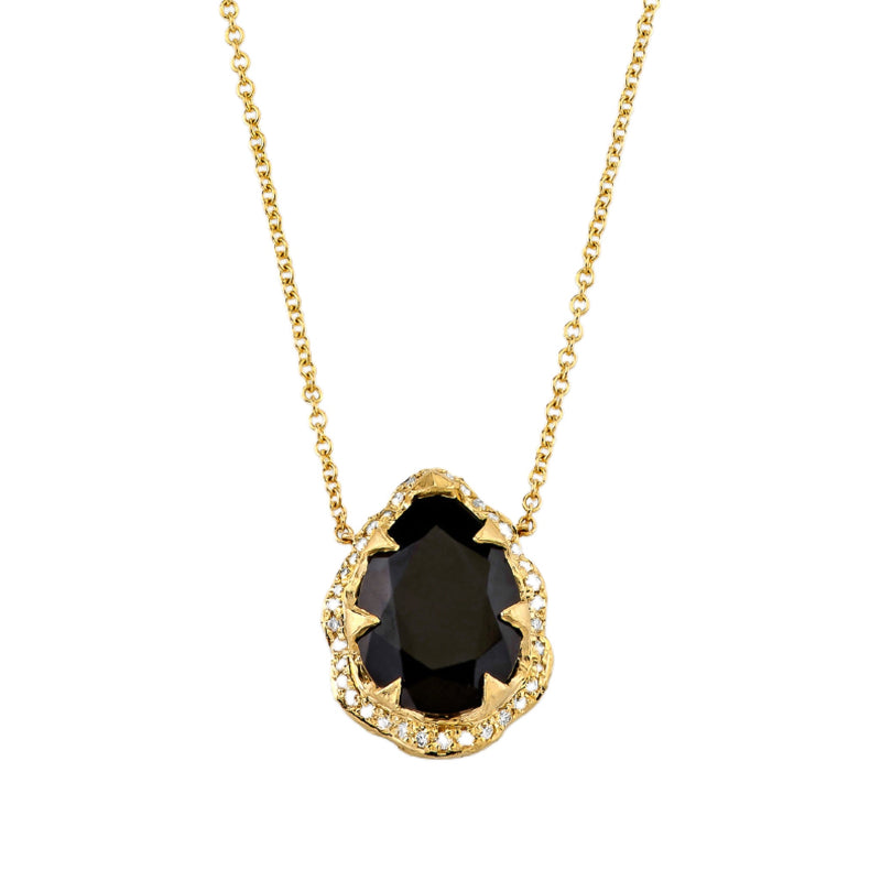 Queen Water Drop Onyx Necklace with Full Pave Halo Yellow Gold by Logan Hollowell Jewelry