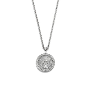 Mini Lady Isis Diamond Pavé Halo Coin Pendant White Gold 18"  by Logan Hollowell Jewelry