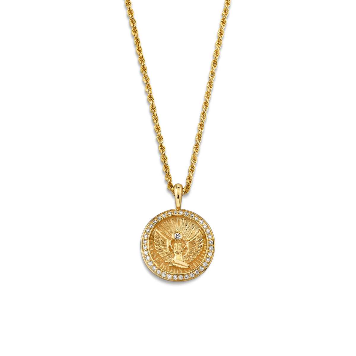 Mini Lady Isis Diamond Pavé Halo Coin Pendant | Ready to Ship Yellow Gold by Logan Hollowell Jewelry