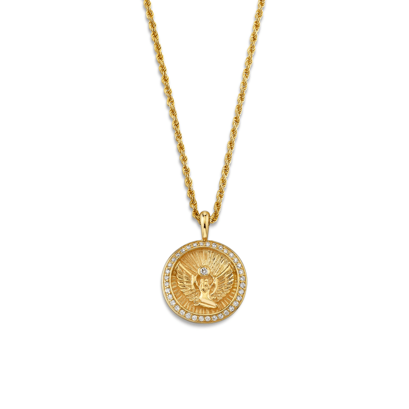 Mini Lady Isis Diamond Pavé Halo Coin Pendant | Ready to Ship Yellow Gold by Logan Hollowell Jewelry