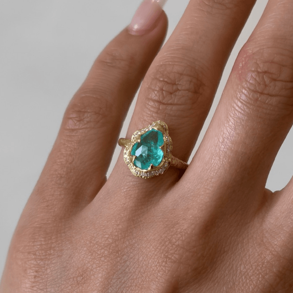 Baby Queen Water Drop Paraiba Ring with Full Pavé Diamond Halo Yellow Gold 5.5 by Logan Hollowell Jewelry