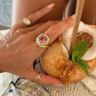 Enigma Emerald Cut Pink Tourmaline Ring with Pavé Diamonds by Logan Hollowell Jewelry