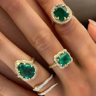 Queen Oval Zambian Emerald Ring with Full Pavé Diamond Halo by Logan Hollowell Jewelry