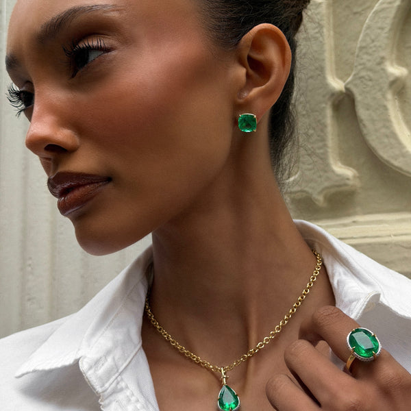 Colombian Emerald Cushion Martini Studs by Logan Hollowell Jewelry