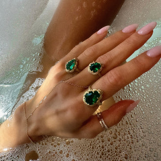 Baby Queen Water Drop Zambian Emerald Ring with Full Pavé Diamond Halo by Logan Hollowell Jewelry