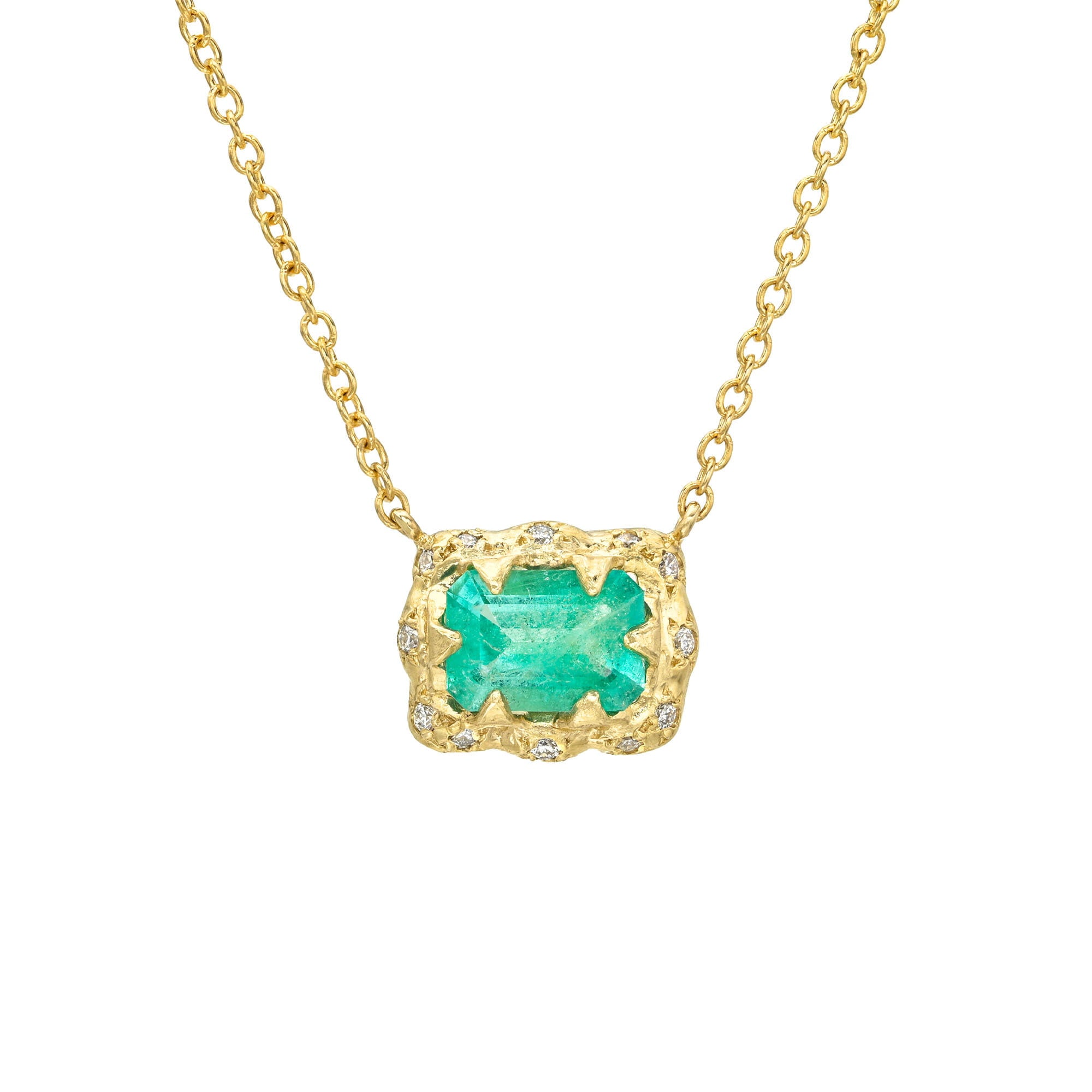 Queen Emerald Necklace with Sprinkled Pavé Halo Yellow Gold by Logan Hollowell Jewelry
