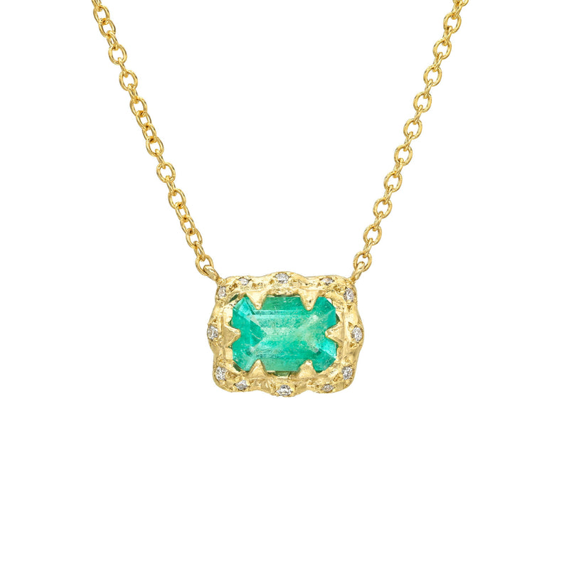 Queen Emerald Necklace with Sprinkled Pavé Halo Yellow Gold by Logan Hollowell Jewelry