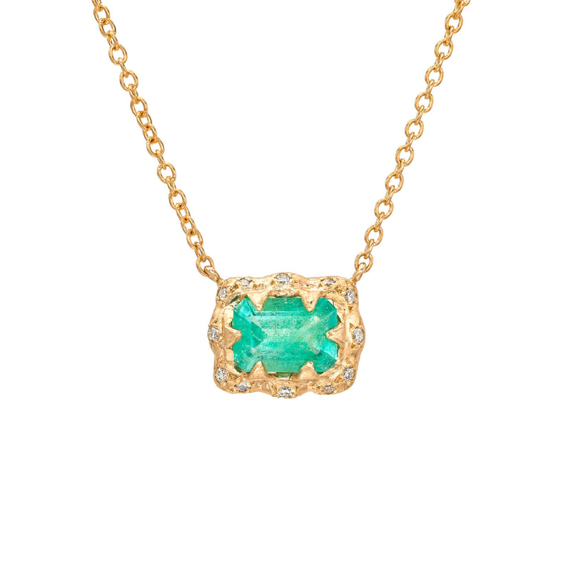 Queen Emerald Necklace with Sprinkled Pavé Halo Rose Gold by Logan Hollowell Jewelry