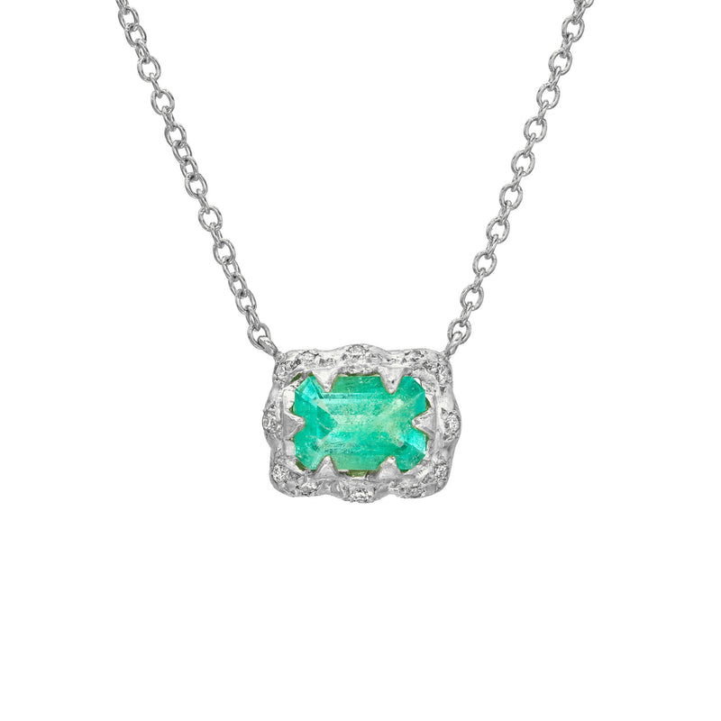 Queen Emerald Necklace with Sprinkled Pavé Halo White Gold by Logan Hollowell Jewelry