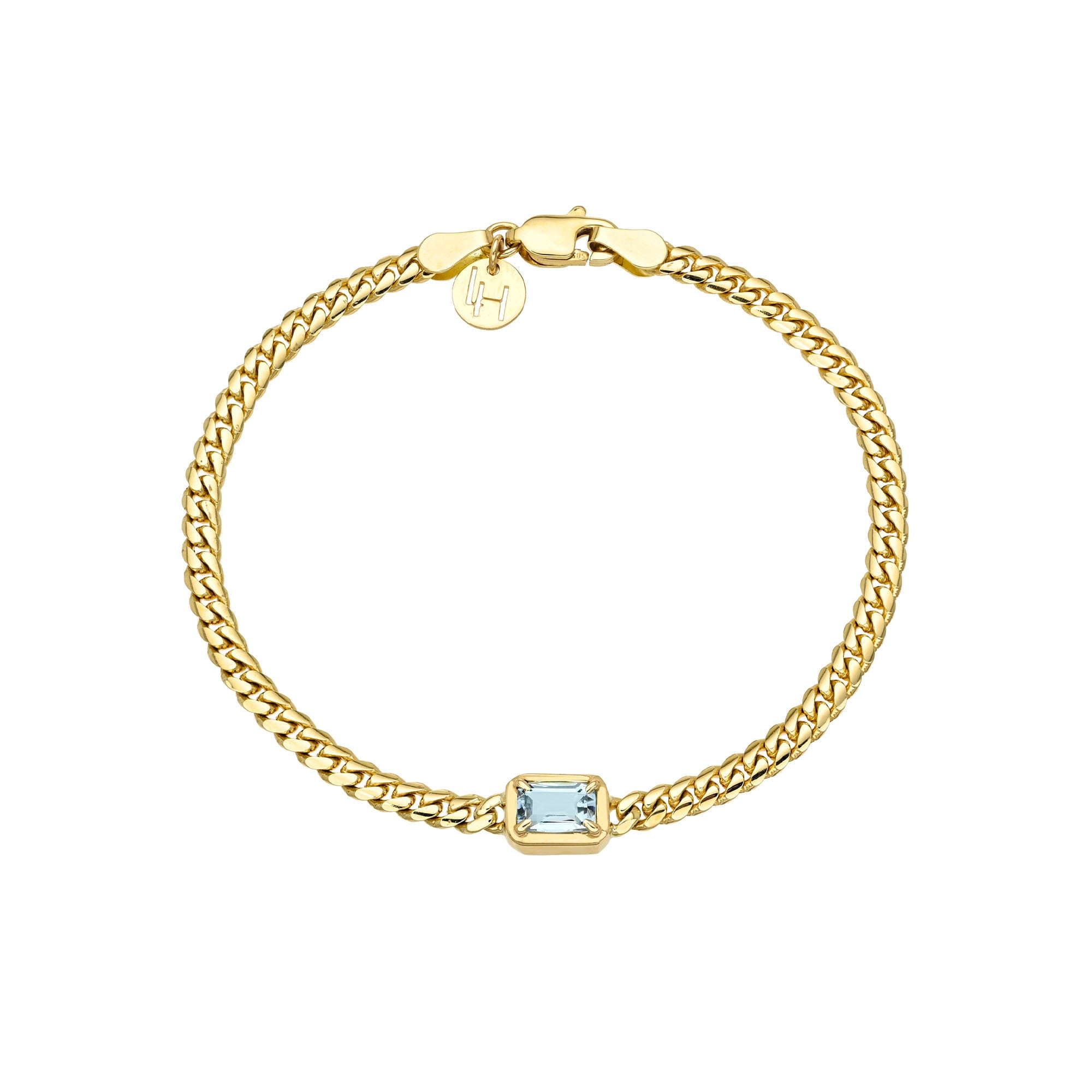 Emerald Cut Aquamarine Cuban Bracelet Yellow Gold 6.5" by Logan Hollowell Jewelry