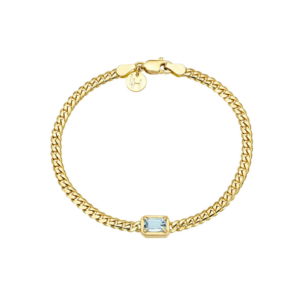 Emerald Cut Aquamarine Cuban Bracelet Yellow Gold 6.5" by Logan Hollowell Jewelry