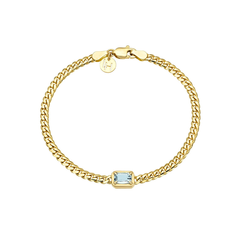 Emerald Cut Aquamarine Cuban Bracelet Yellow Gold 6.5" by Logan Hollowell Jewelry