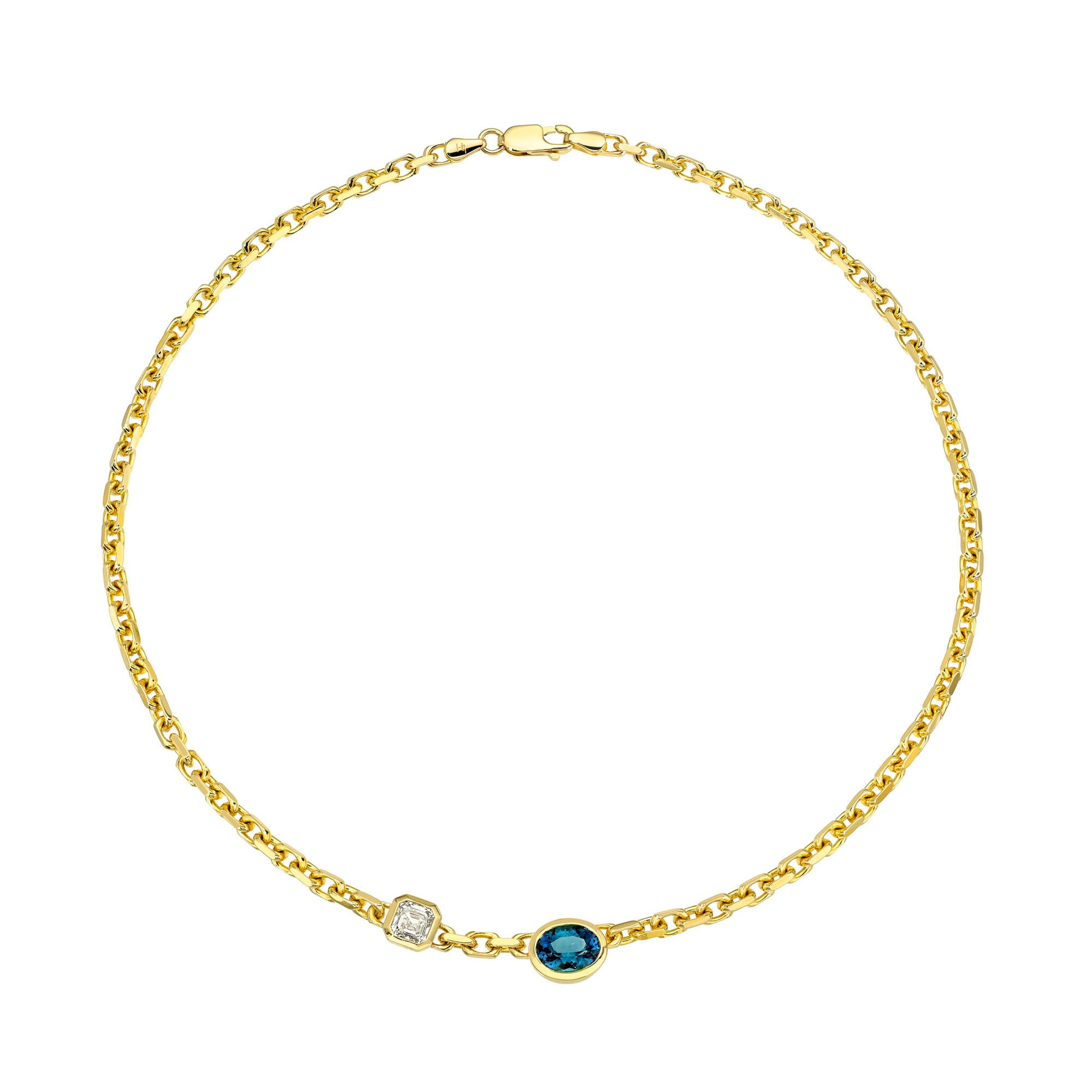 Lovers Duet Diamond and Lagoon Tourmaline Chain Necklace Yellow Gold by Logan Hollowell Jewelry