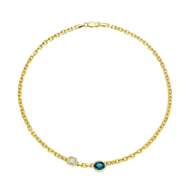 Lovers Duet Diamond and Lagoon Tourmaline Chain Necklace Yellow Gold by Logan Hollowell Jewelry