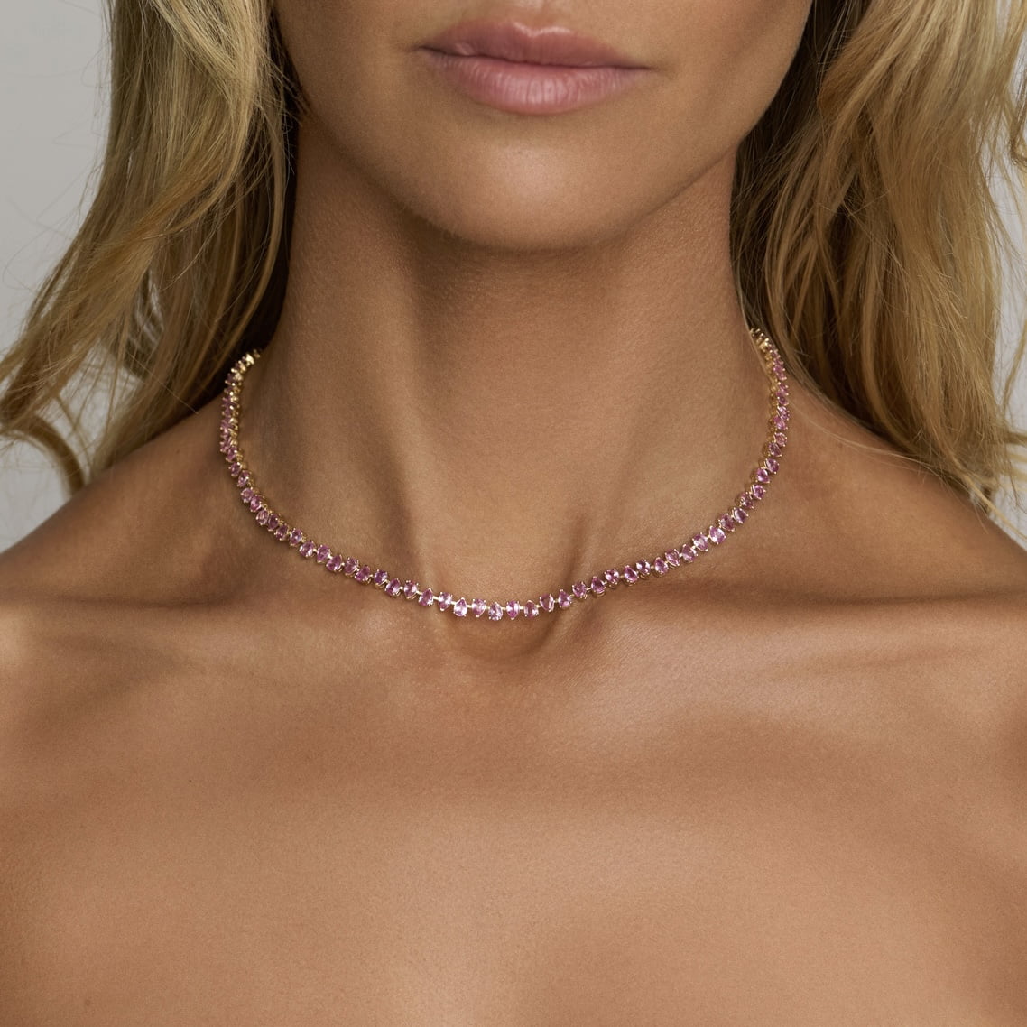 Petite Reverse Water Drop Pink Sapphire Tennis Necklace by Logan Hollowell Jewelry