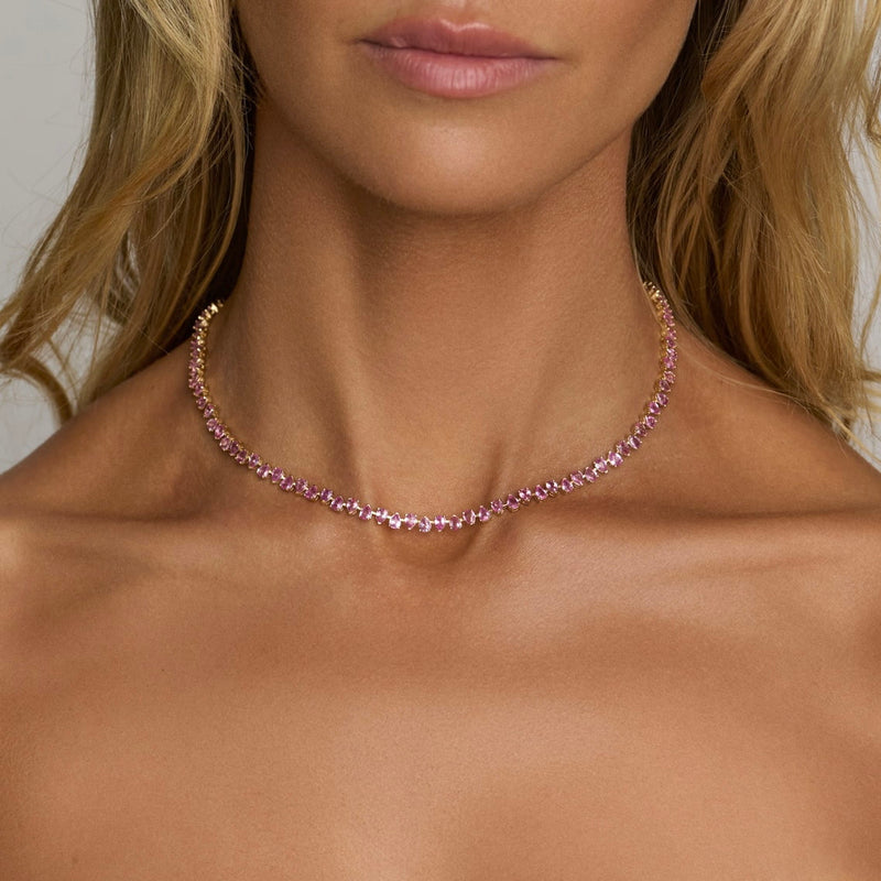 Petite Reverse Water Drop Pink Sapphire Tennis Necklace by Logan Hollowell Jewelry