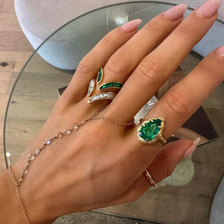 Queen Water Drop Zambian Emerald Ring with Sprinkled Diamonds by Logan Hollowell Jewelry