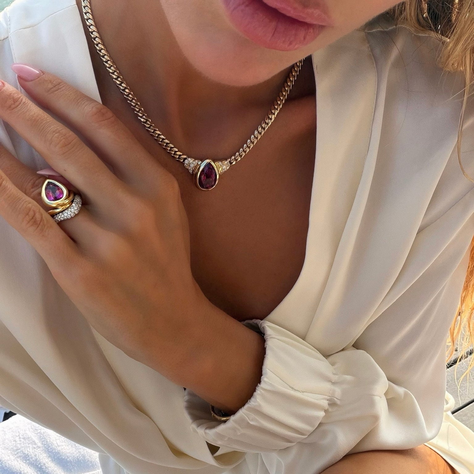 Pear Rubellite Maison Rose Necklace by Logan Hollowell Jewelry