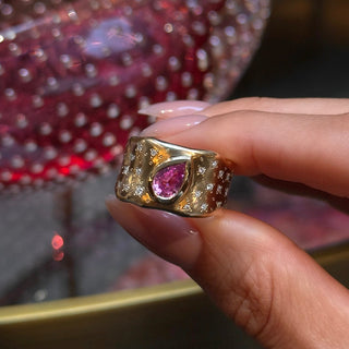 Water Drop Pink Sapphire Cigar Band with Oracle Set Diamonds by Logan Hollowell Jewelry