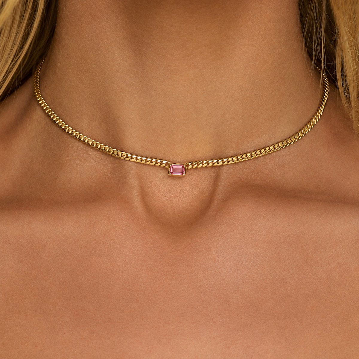 Emerald Cut Pink Sapphire Cuban Choker by Logan Hollowell Jewelry