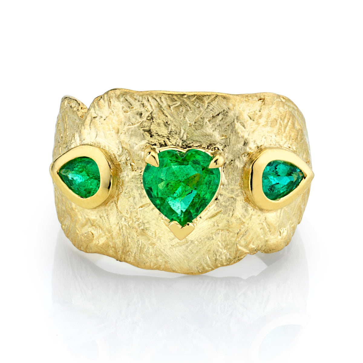 Atlantis Heart & Pear Bezel Emerald Ring Yellow Gold 7 by Logan Hollowell Jewelry