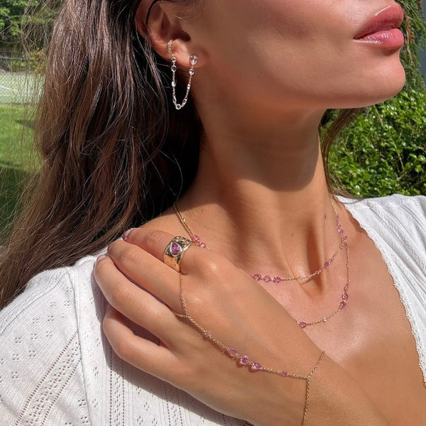 Eau De Rose Cut Iris Pink Sapphire Hand Chain by Logan Hollowell Jewelry
