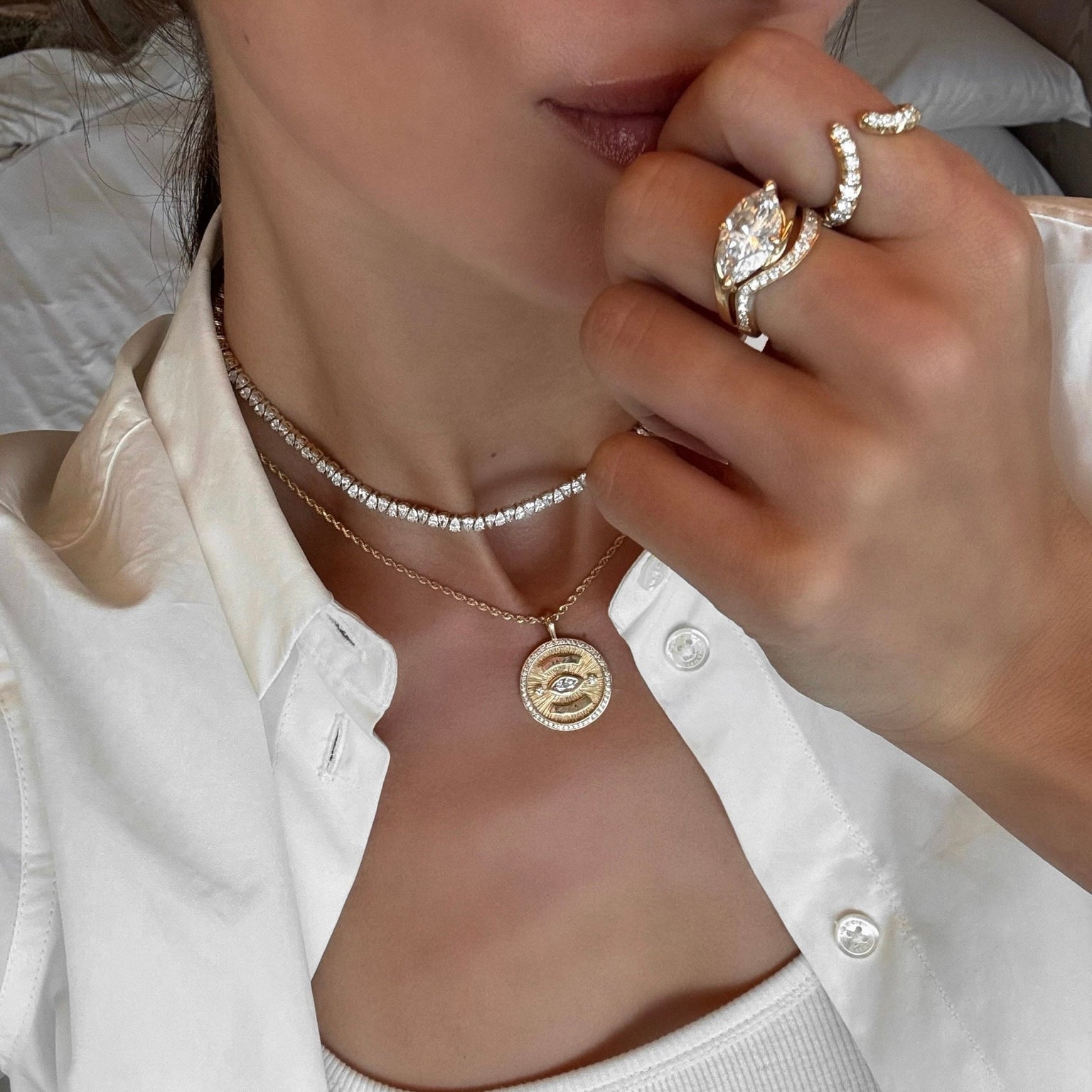 Large French Pavé Diamond Tusk Ring by Logan Hollowell Jewelry