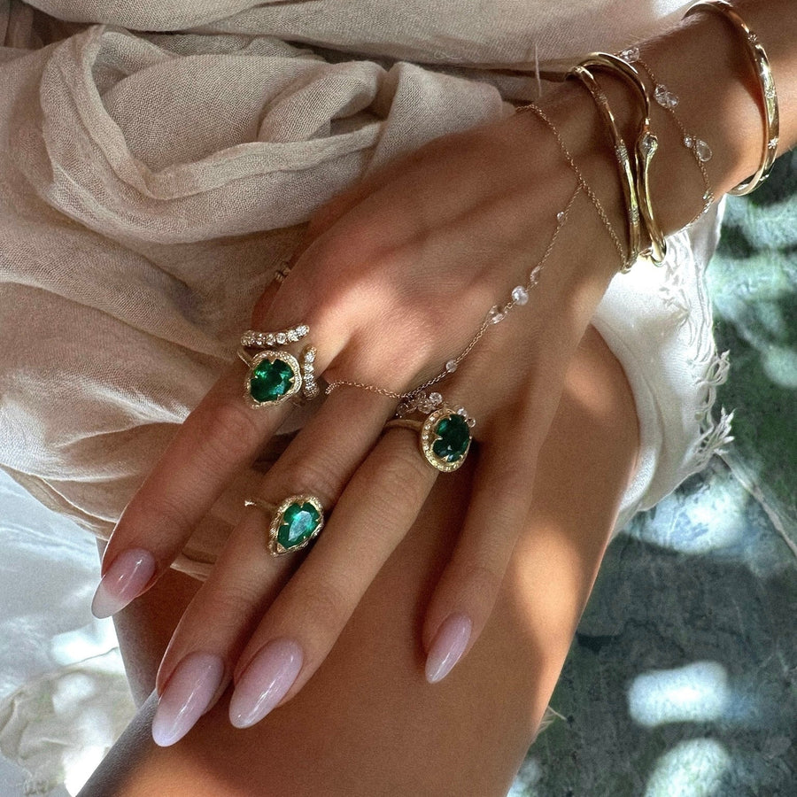 Premium Baby Water Drop Zambian Emerald Queen Ring with Full Pavé Diamond Halo by Logan Hollowell Jewelry