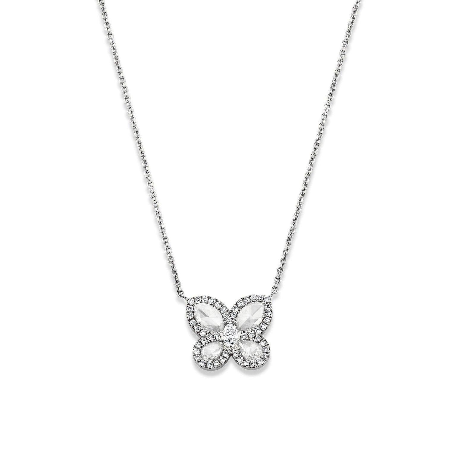 Eau de Rose Cut Diamond Butterfly Necklace w/ Pave Halo White Gold   by Logan Hollowell Jewelry