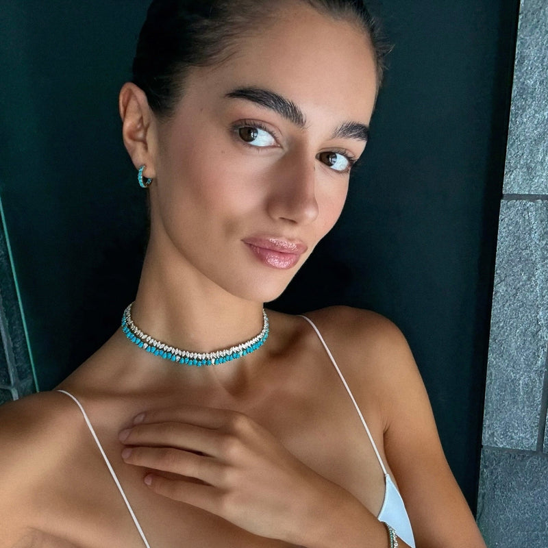 Turquoise & Sprinkled Diamond Reverse Water Drop Line Necklace by Logan Hollowell Jewelry