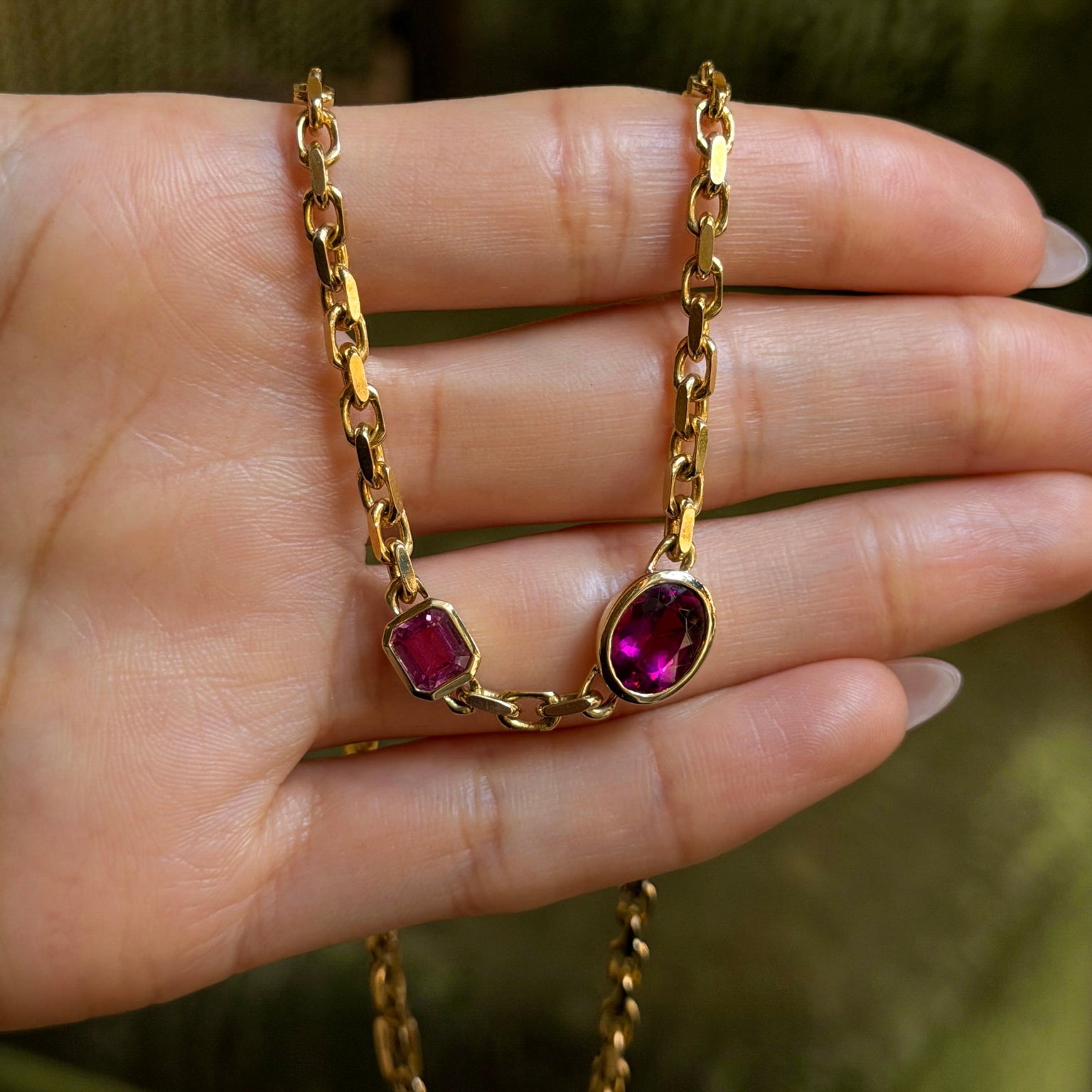 Lovers Duet Rubellite and Pink Sapphire Chain Necklace by Logan Hollowell Jewelry