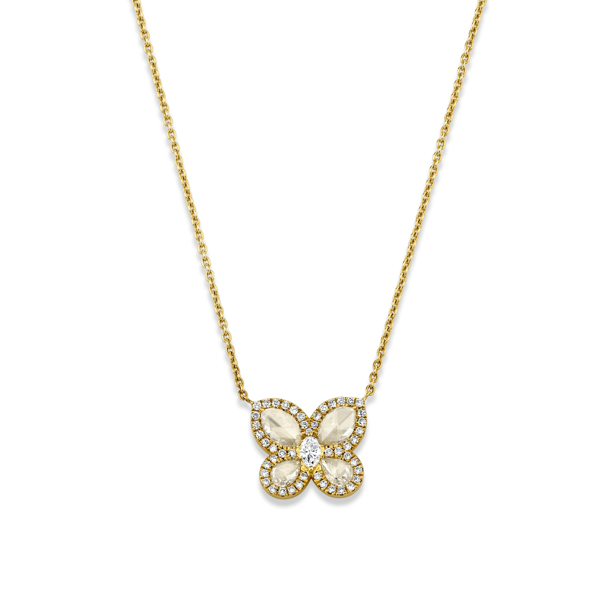 Eau de Rose Cut Diamond Butterfly Necklace w/ Pave Halo Yellow Gold   by Logan Hollowell Jewelry