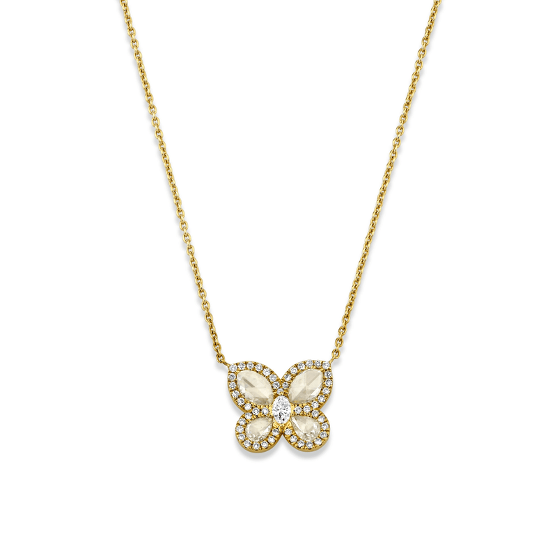 Eau de Rose Cut Diamond Butterfly Necklace w/ Pave Halo Yellow Gold   by Logan Hollowell Jewelry
